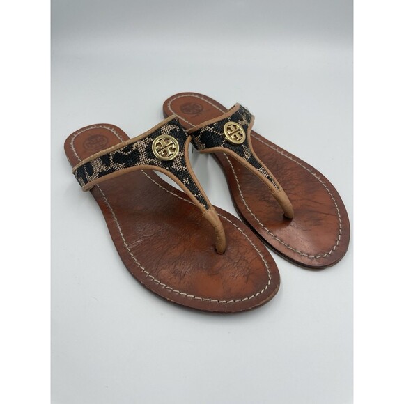 Tory Burch Cameron Leopard Thong Sandals Women’s 8 Leather Gold Emblem - Picture 1 of 5